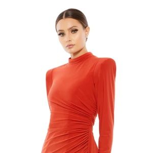 NWT Mac Duggal RUCHED ASYMMETRICAL STRUCTURED LONG SLEEVE MINI DRESS, size 14